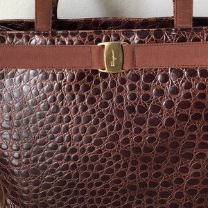 Ferragamo Brown Croc Embossed Tote